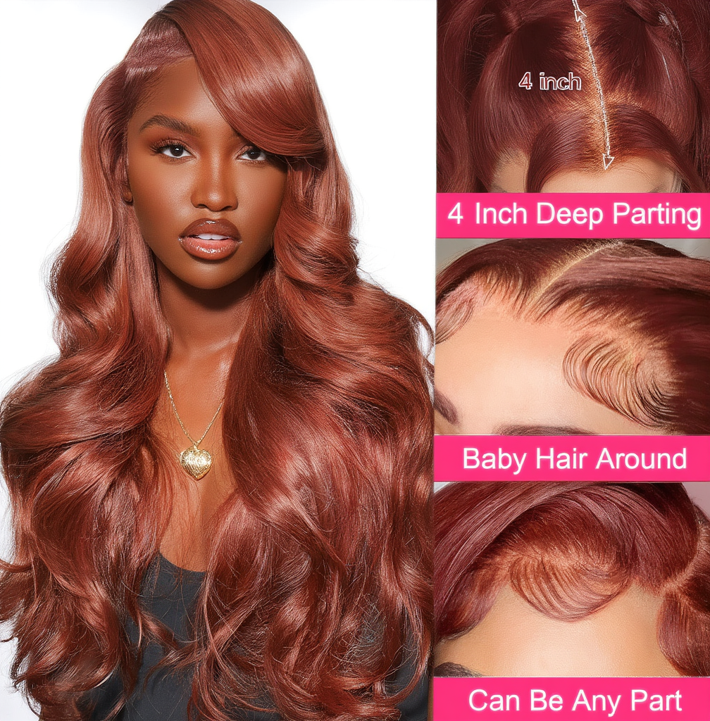 13x6 HD Lace Front Human Hair Wig Reddish Brown Deep Wave Pre-Plucked Wig for Women