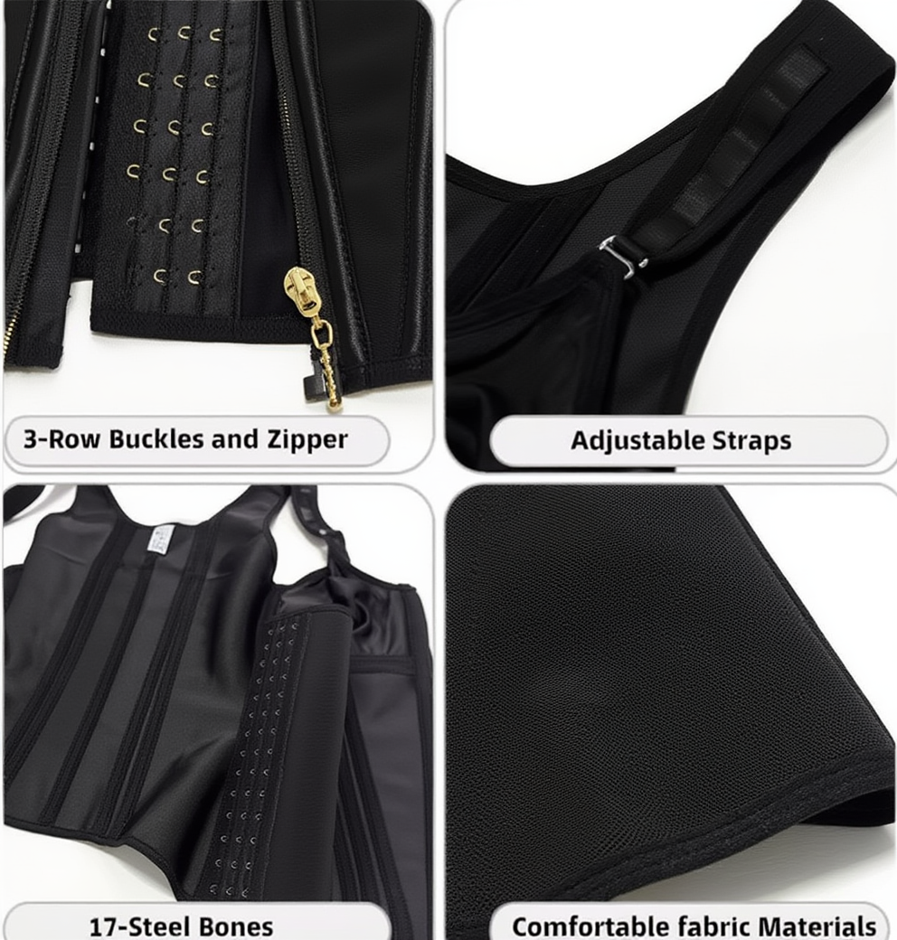 Shapewear Women Colombian Fajas Waist Trainer Tummy Control Vest Body Shaper 17 Steel Bones 3-Row Hooks Zipper Adjustable Strap