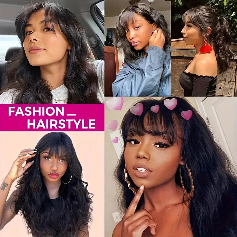 Body Wave Human Hair Wigs With Bangs Brazilian Remy Hair Wigs Machine Made Wig Natural Color For Women 200% Density