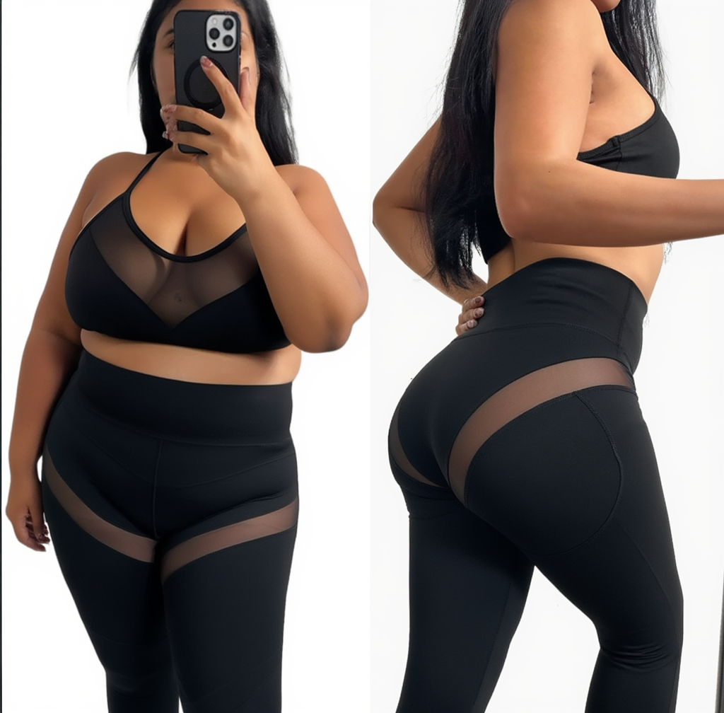 2 Piece Women Yoga Set High Waist Scrunch Leggings Mesh Sports Bra Workout Outfit