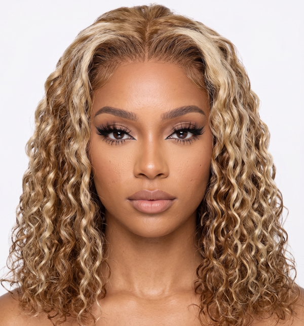Honey Blonde Highlight Water Wave Wig  Human Hair  HD Lace Glueless Wig