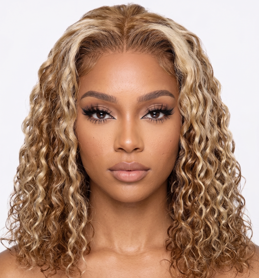 Honey Blonde Highlight Water Wave Bob Wig 7x5 Glueless Lace Front Human Hair Pre Cut Pre Bleached Ready to Wear