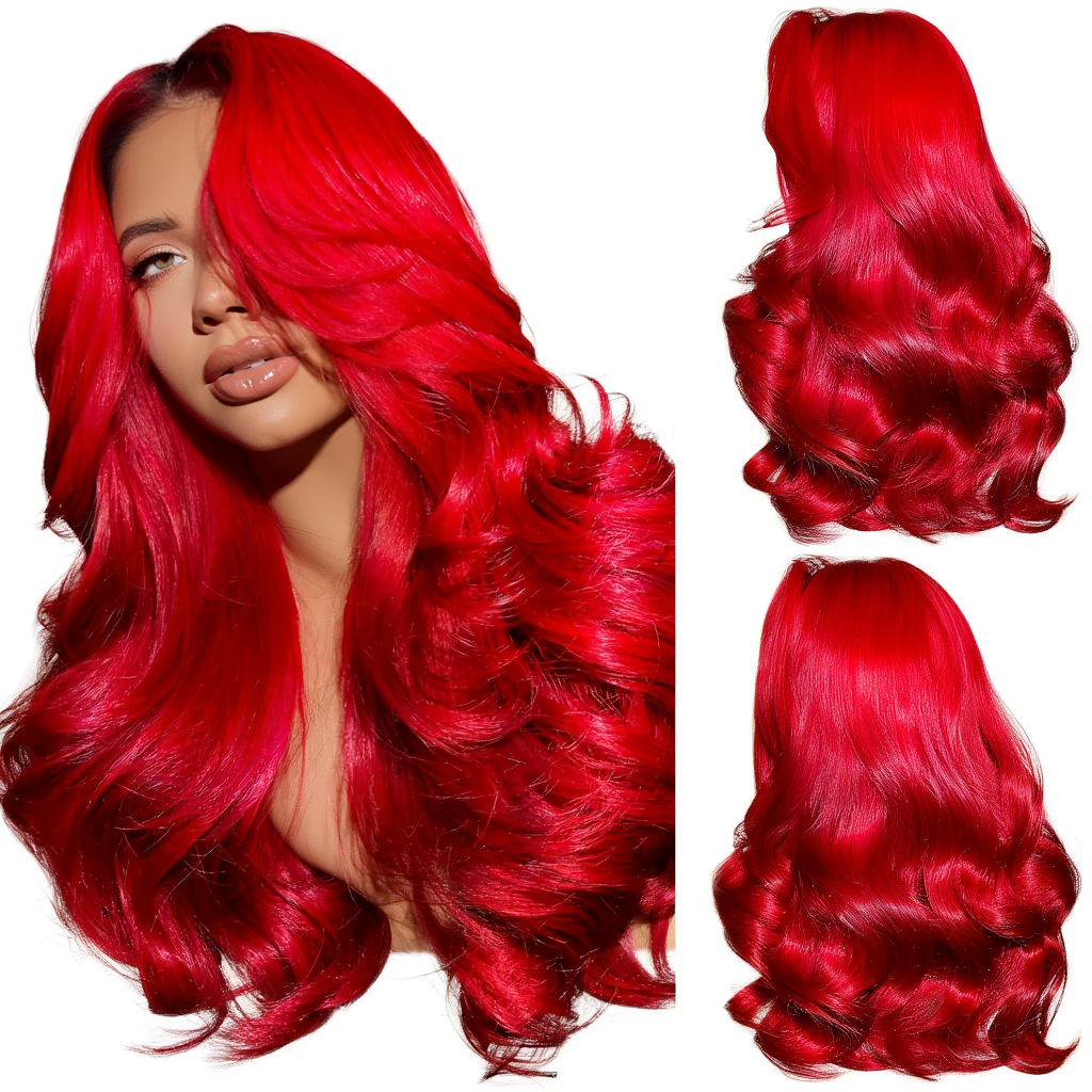 Red HD Lace Front Body Wave Wig – Premium Blend 70% Human Hair, Pre-Plucked 13x4 Lace