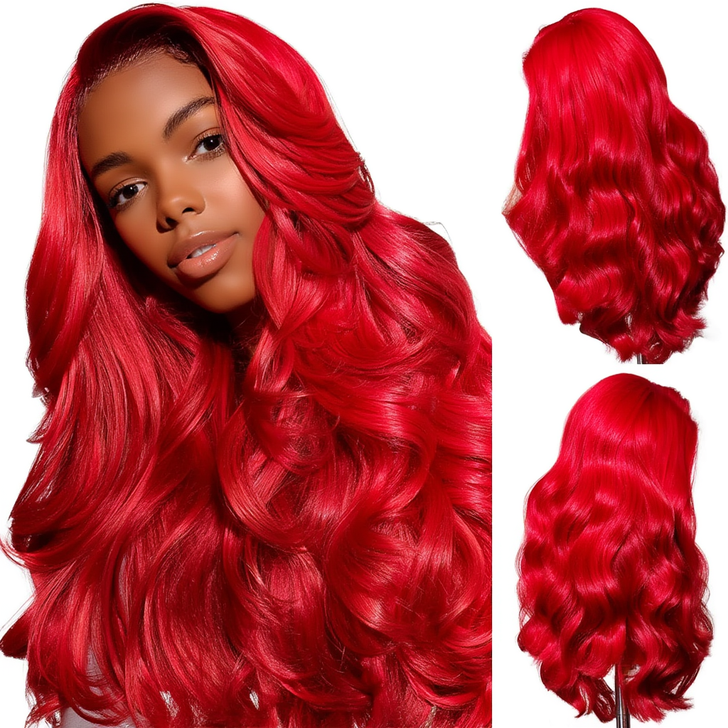 Red HD Lace Front Body Wave Wig – Premium Blend 70% Human Hair, Pre-Plucked 13x4 Lace