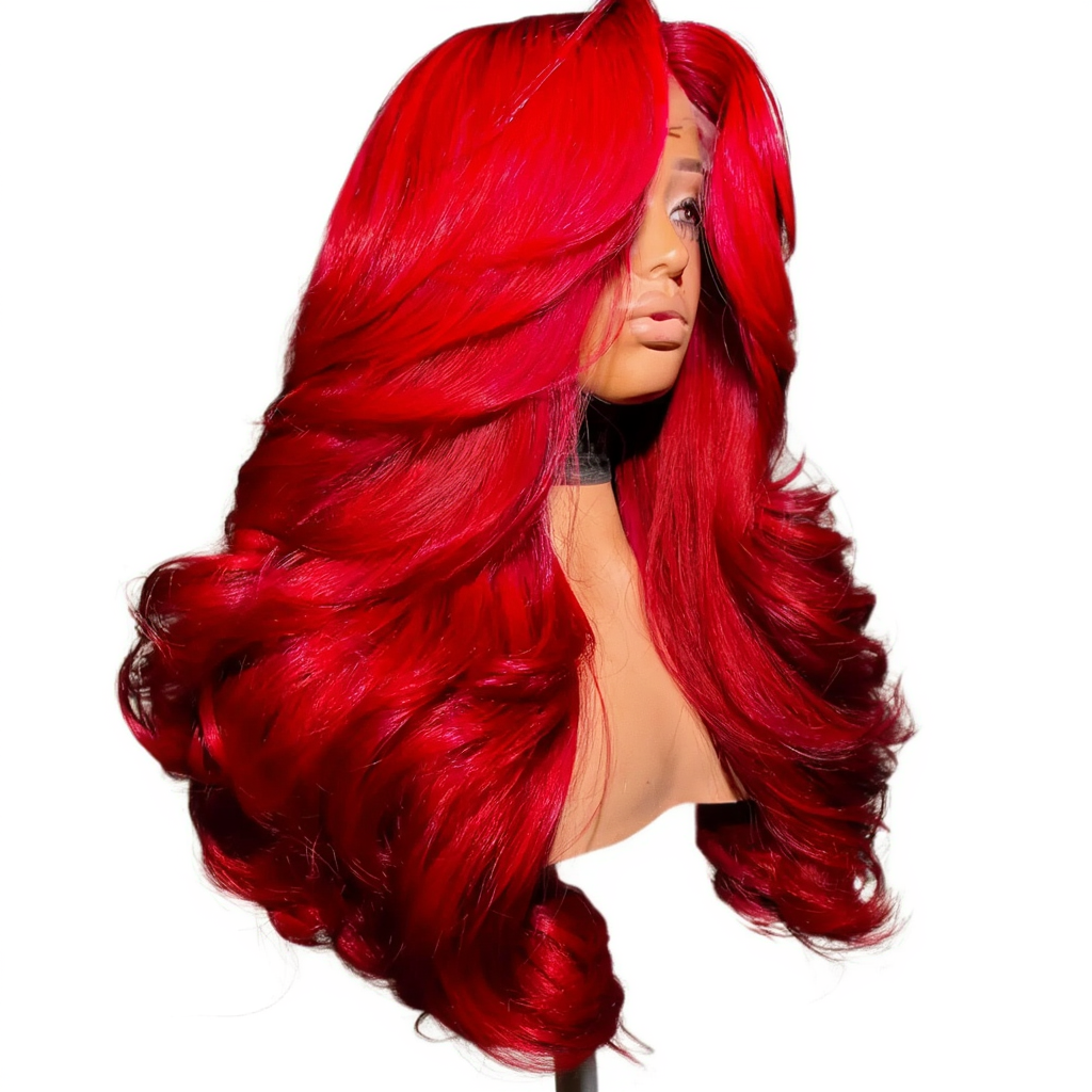 Red HD Lace Front Body Wave Wig – Premium Blend 70% Human Hair, Pre-Plucked 13x4 Lace
