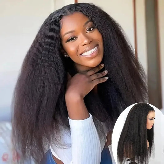 250% Density Human Hair Wig Kinky Straight Yaki Texture Pre Plucked 13x4 and 5x5 Glueless HD Lace Front Designed for Black Women