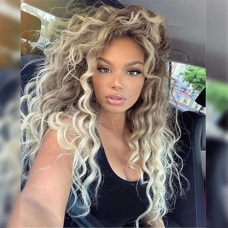 Synthetic Wigs Women Long Hair Ash Blonde Curly Wig Female Natural Wavy Drag Queen Regular Wig 80s Brown Ombre Wigs for Girls