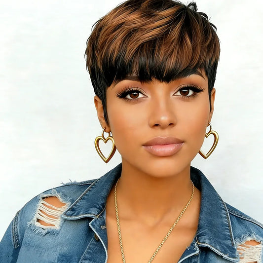 150% density pixie wig 6inch brown/99j/natural black color pixie cut machine made wig for women pixie straight human hair wig
