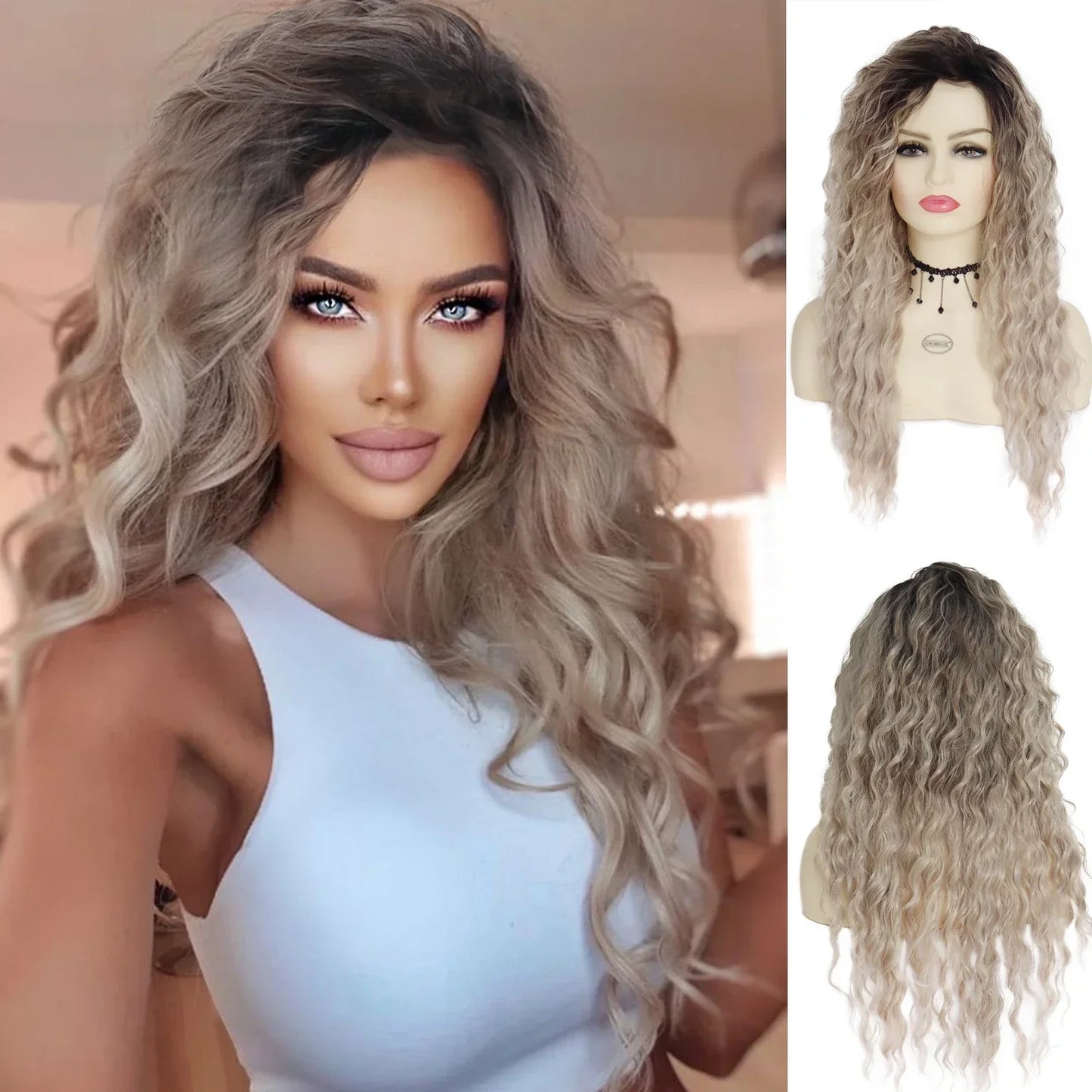 Synthetic Wigs Women Long Hair Ash Blonde Curly Wig Female Natural Wavy Drag Queen Regular Wig 80s Brown Ombre Wigs for Girls