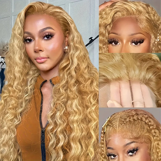 38Inch 13x6 HD Transparent Lace Front Wig Human Hair #27 Deep Wave Pre Plucked 200% Density Honey Blonde Curly Wig For Women