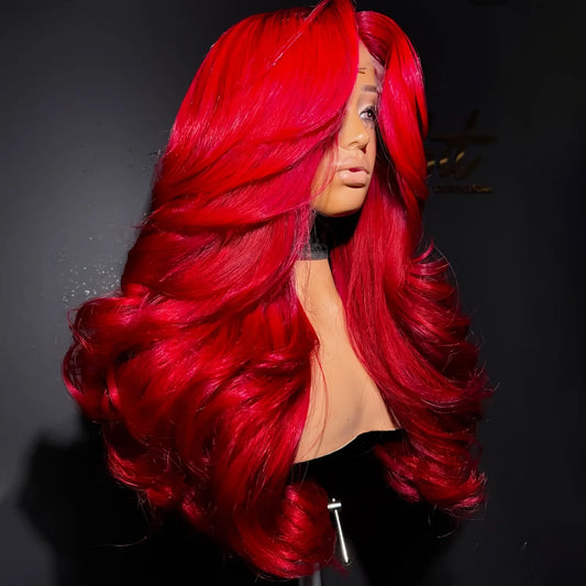 13X4 HD Transparent Lace Wig Red Body Wave Lace Front Wig 220% Density Burgundy Lace Front Wig Pre-plucked Bye Bye Knots Long