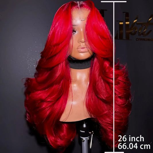 13X4 HD Transparent Lace Wig Red Body Wave Lace Front Wig 220% Density Burgundy Lace Front Wig Pre-plucked Bye Bye Knots Long
