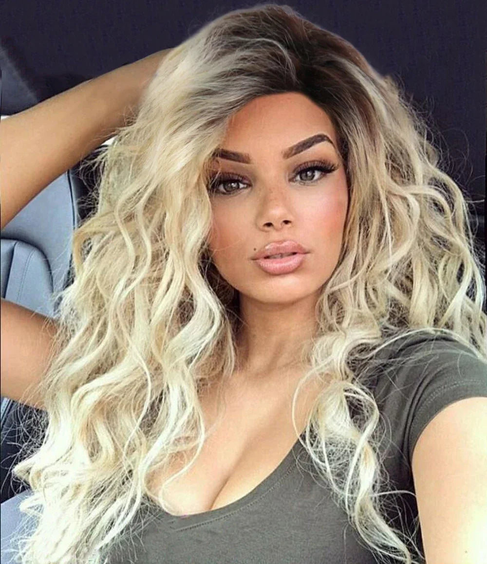 Synthetic Wigs Women Long Hair Ash Blonde Curly Wig Female Natural Wavy Drag Queen Regular Wig 80s Brown Ombre Wigs for Girls