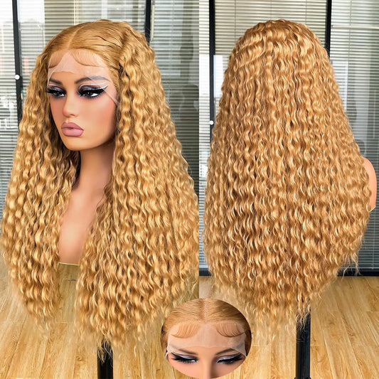 38Inch 13x6 HD Transparent Lace Front Wig Human Hair #27 Deep Wave Pre Plucked 200% Density Honey Blonde Curly Wig For Women