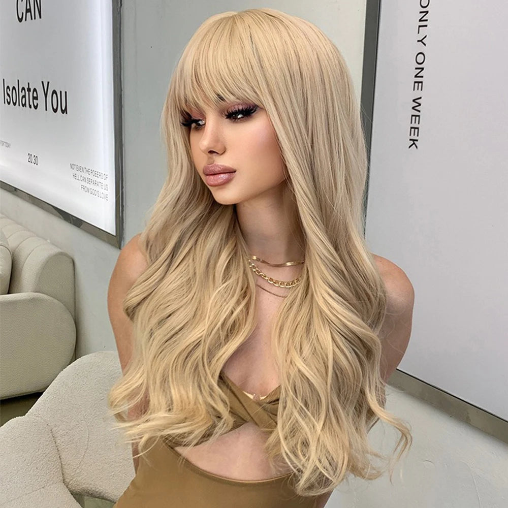 Blonde Wavy Synthetic Wigs with Bangs Natural Long Hair for Women Daily Party Lolita Cosplay  Glueless Wig Heat Resistant