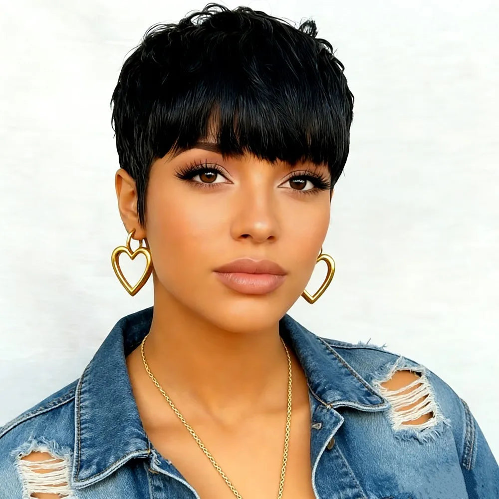150% density pixie wig 6inch brown/99j/natural black color pixie cut machine made wig for women pixie straight human hair wig