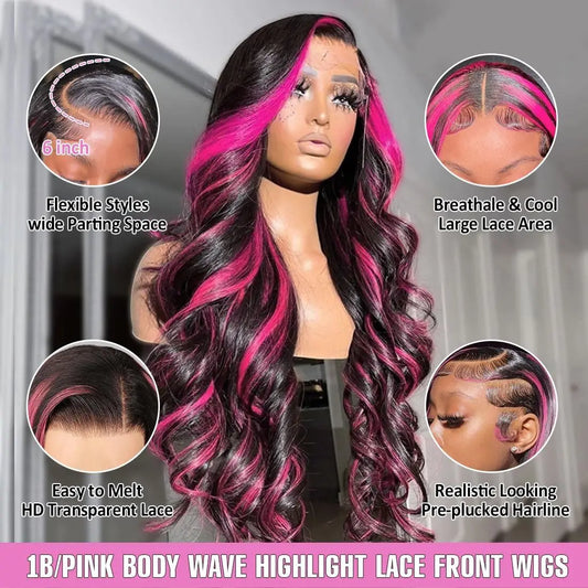 1B/Pink Ombre 13x6 HD Lace Front Wigs Pre Plucked 220% Density Body Wave Highlight Wig Human Hair Pink And Black Colored Wig