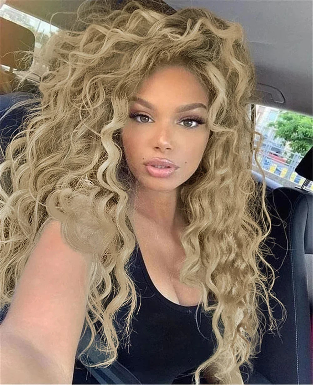 Synthetic Wigs Women Long Hair Ash Blonde Curly Wig Female Natural Wavy Drag Queen Regular Wig 80s Brown Ombre Wigs for Girls