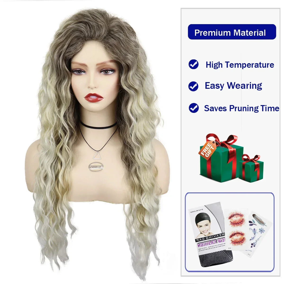 Synthetic Wigs Women Long Hair Ash Blonde Curly Wig Female Natural Wavy Drag Queen Regular Wig 80s Brown Ombre Wigs for Girls