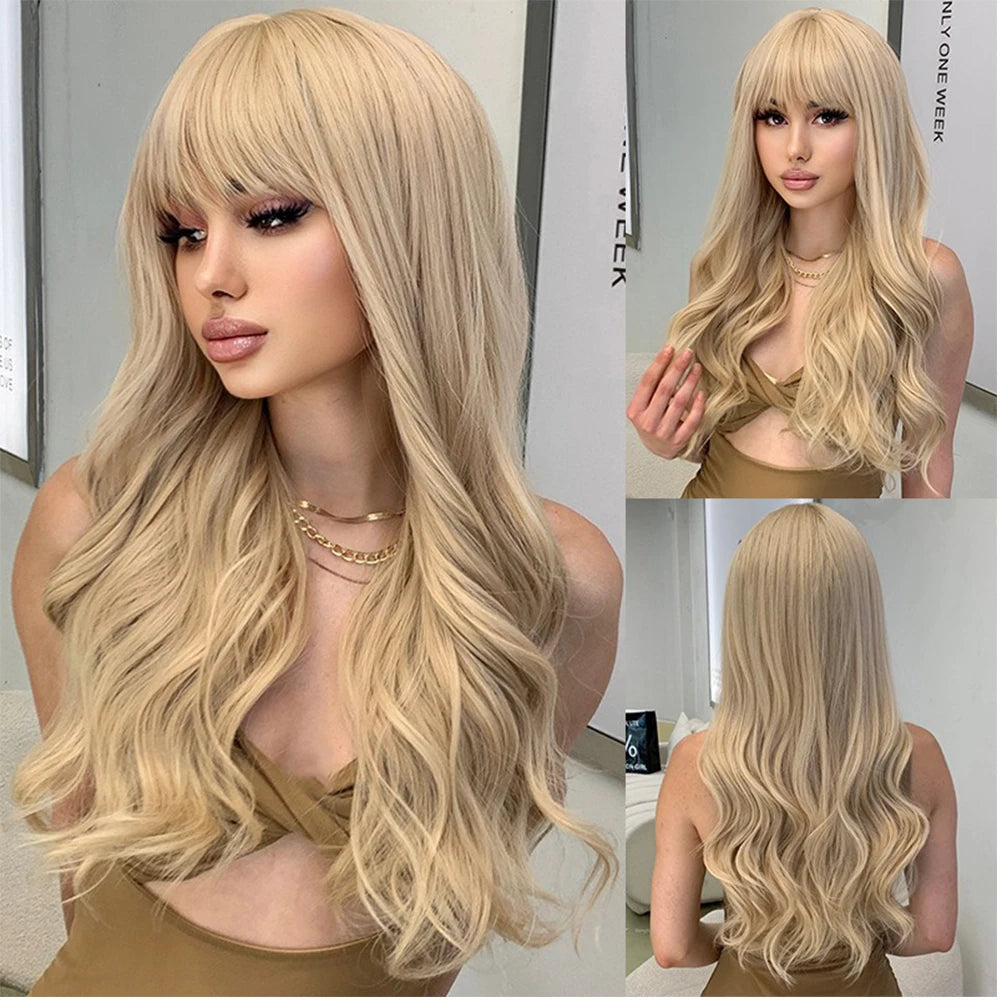 Blonde Wavy Synthetic Wigs with Bangs Natural Long Hair for Women Daily Party Lolita Cosplay  Glueless Wig Heat Resistant