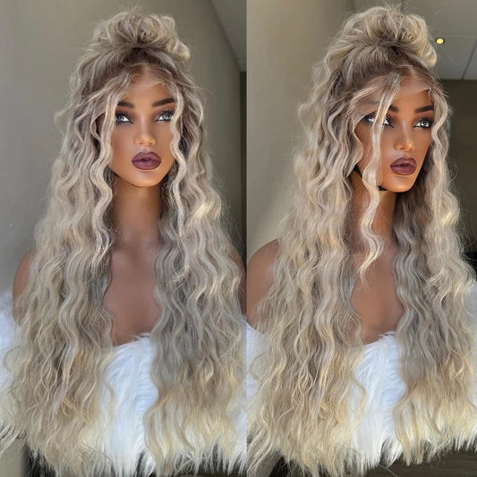 Charisma Deep Curly Synthetic Lace Front Wig Ombre Ash Blonde Wigs for Women Pre Plucked Hairline Lace Wig Daily Use Party