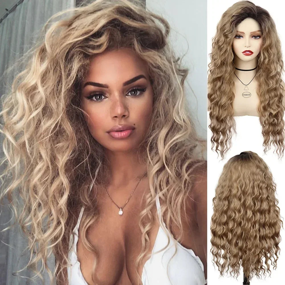 Synthetic Wigs Women Long Hair Ash Blonde Curly Wig Female Natural Wavy Drag Queen Regular Wig 80s Brown Ombre Wigs for Girls