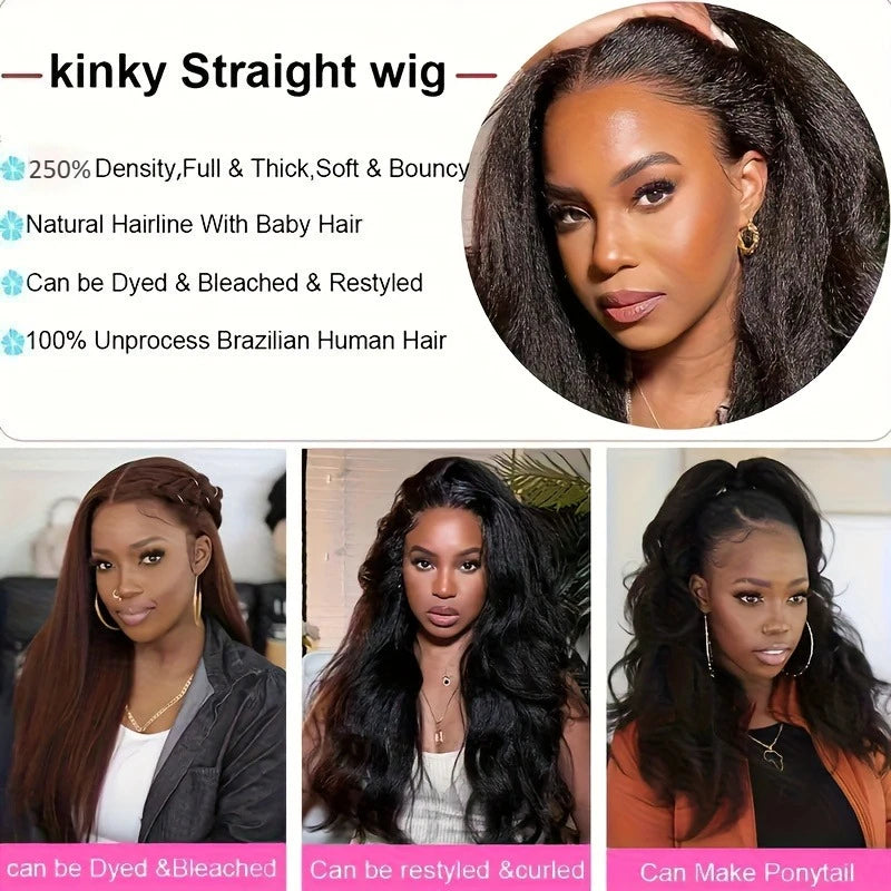 250% Density Human Hair Wig Kinky Straight Yaki Texture Pre Plucked 13x4 and 5x5 Glueless HD Lace Front Designed for Black Women
