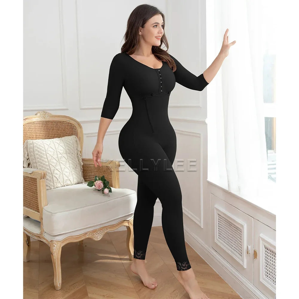 Women's Long Sleeved Full Body Shaperwear Elastic Postpartum & Post Surgery Bodysuits with Side Zipper Front Breasted Girdles