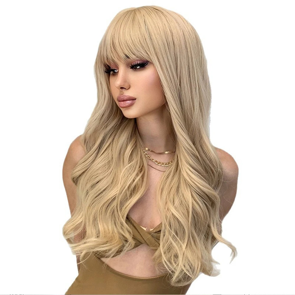 Blonde Wavy Synthetic Wigs with Bangs Natural Long Hair for Women Daily Party Lolita Cosplay  Glueless Wig Heat Resistant