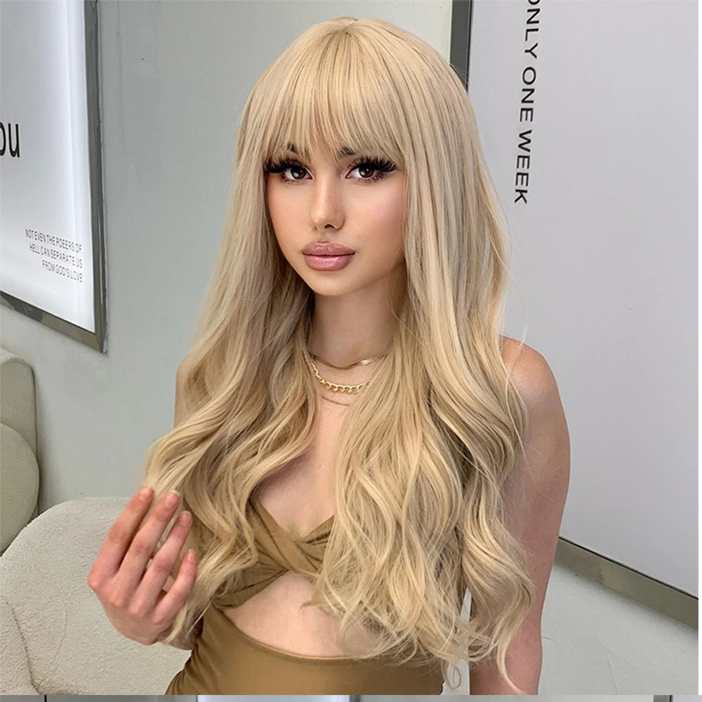 Blonde Wavy Synthetic Wigs with Bangs Natural Long Hair for Women Daily Party Lolita Cosplay  Glueless Wig Heat Resistant