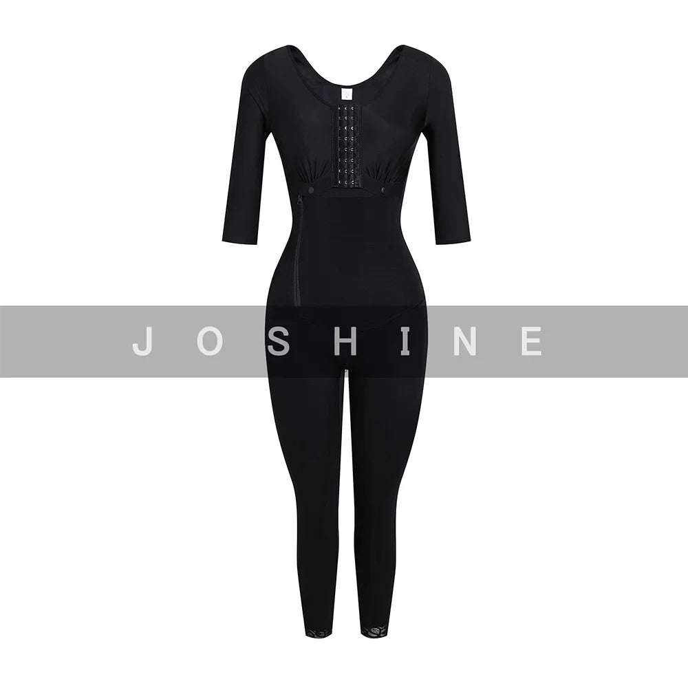 Women's Long Sleeved Full Body Shaperwear Elastic Postpartum & Post Surgery Bodysuits with Side Zipper Front Breasted Girdles