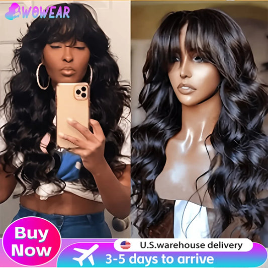 Body Wave Human Hair Wigs With Bangs Brazilian Remy Hair Wigs Machine Made Wig Natural Color For Women 200% Density