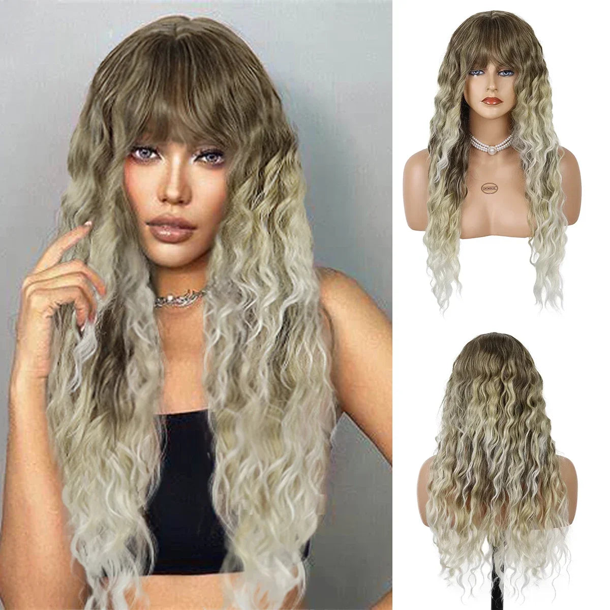 Synthetic Wigs Women Long Hair Ash Blonde Curly Wig Female Natural Wavy Drag Queen Regular Wig 80s Brown Ombre Wigs for Girls